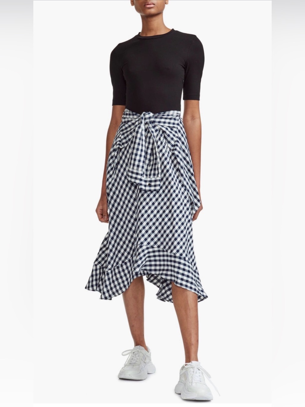Maje Rapri Mixed Media Black with Navy-and-White Gingham Shirt Tie Midi Dress